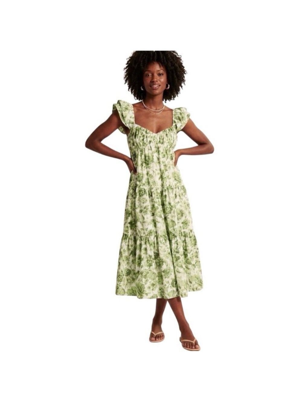 Abercrombie & Fitch Ruffle Sleeve Poplin Midaxi Dress Green Floral XXS NWT